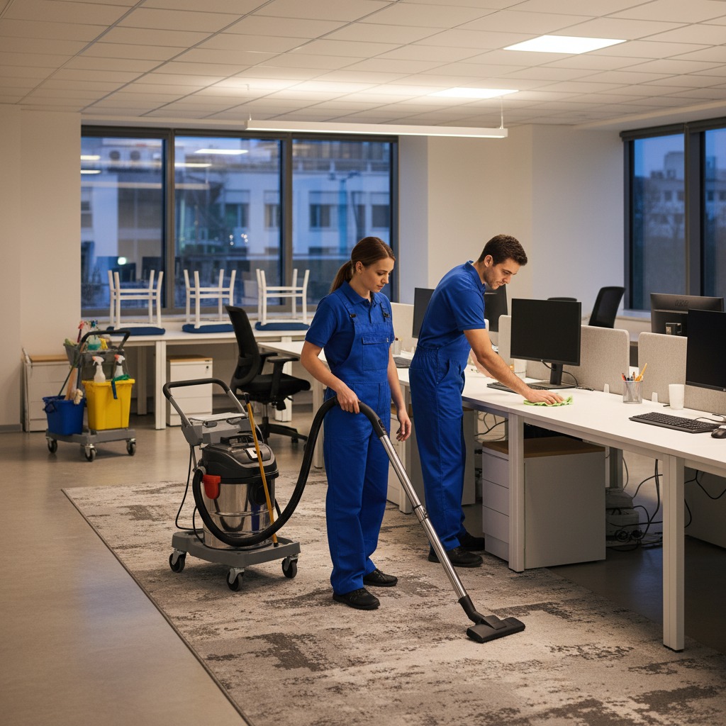 Two professional cleaners in blue uniforms clean an office space, with one vacuuming the carpet and the other wiping down a desk.