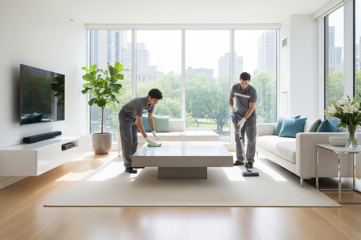 Two professional cleaners in grey uniforms clean a modern, sunlit living room by wiping a coffee table and vacuuming the rug.